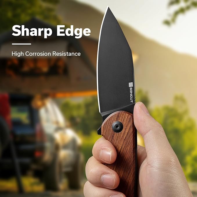 SENCUT Omniform Folding Pocket Knife for Men, Camping Knife with Guibourtia Wood Handle and 3.65" 9Cr18MoV Blade, Large EDC Knife for Outdoor S23064-3