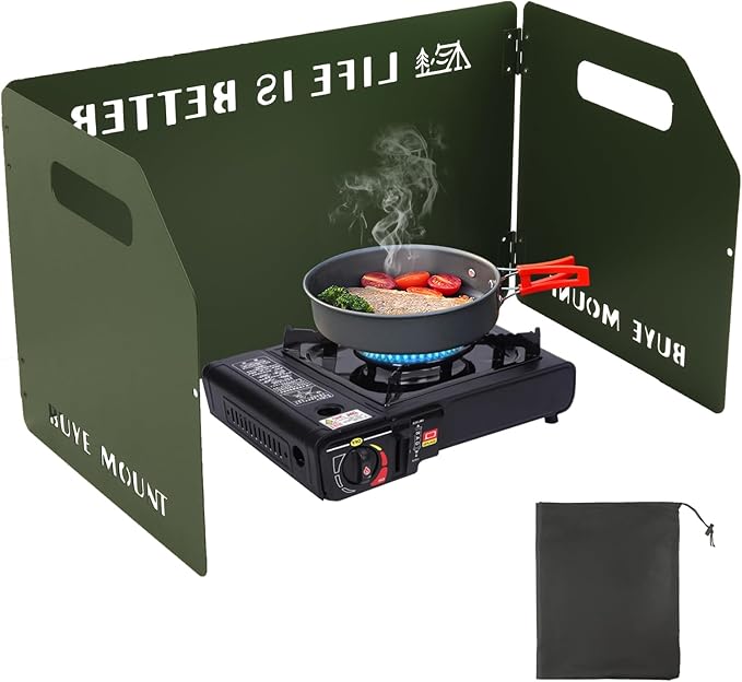 Camping Stove Windscreen Outdoor Windshield: GEEKHOM 3-Panel Steel Foldable Wind Blocker with Drawstring Bag for Gas/Butane Stoves – Lightweight for Hiking, Picnic & Backpacking, Cooking