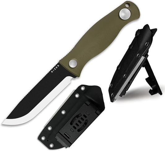 Kizer Polaris Fixed Blade Knife, 4.23" 1095 High Carbon Steel Blade Camping Knife with Green G10 Handle, Outdoor Survival Hunting Bushcraft Knives with Adjustable Sheath & Sharpener, 1100A2
