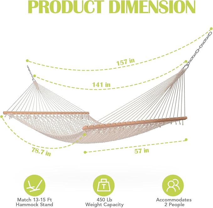 Lazy Daze Hammocks 12FT Double Rope Hammocks, 2 Person Hand Woven Cotton Hammock with Spreader Bar for Outdoor, Indoor, Patio, Poolside, FIT 13-15 Foot Stand, Max 450 Lbs, Green, 141 x 57 inches