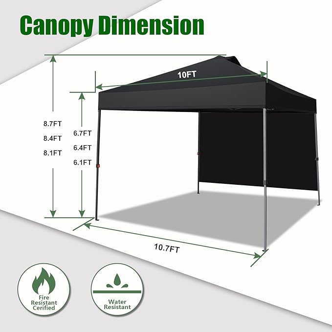 Eurmax USA NOMATTER ONE-Person Open&Close 10x10ft Pop Up Canopy Tent,Portable Shelter Canopy for Outdoor Events with 1 Removable Sidewall,Instant Canopies,Temporary Sunshade,Bonus 4 Sand Bags(Black)