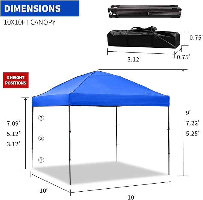 10x10 Pop Up Canopy Tent with 2 Sidewalls, Easy Up Canopy Outdoor Party Sun Shade Tent Portable Gazebo for Beach Camping Events with Carry Bag and 4 Sand Bags(Blue)