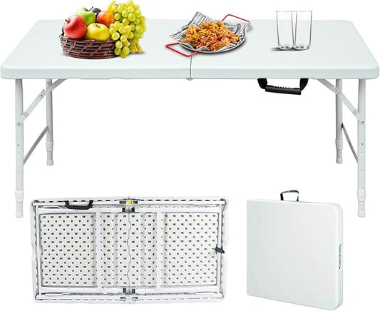 Portable Plastic Folding Table 4ft/6ft/8ft Heavy Duty White Black Picnic Dining Table Fold-in-Half for Camp Party Kitchen Indoor Outdoor (White, 4FT)