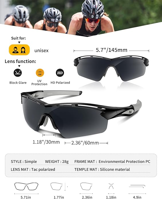 Rosemal Sports Sunglasses Polarized Cycling Sunglasses Running Driving Fishing Hiking for Men Women UV400 TAC TR90