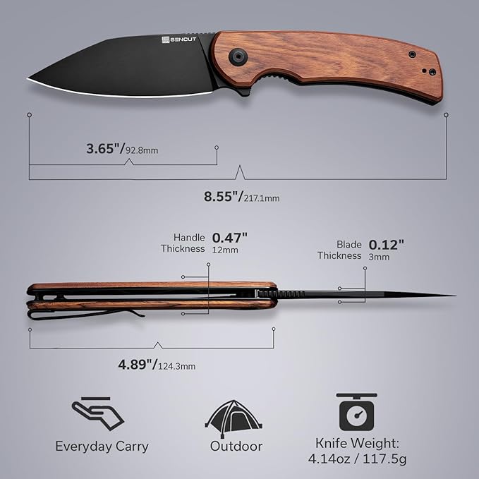 SENCUT Omniform Folding Pocket Knife for Men, Camping Knife with Guibourtia Wood Handle and 3.65" 9Cr18MoV Blade, Large EDC Knife for Outdoor S23064-3