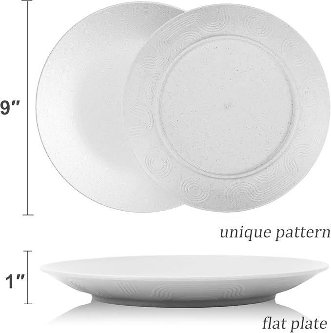 Wheat Straw Dinner Plates 9 Inch Unbreakable Set of 8 - Dishwasher & Microwave Safe Plastic Plates Reusable - Lightweight Plates for kitchen,camping,salad,appetizer - White