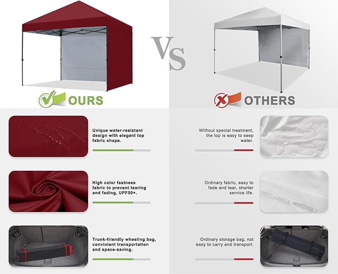 COOSHADE Pop Up Canopy Tent 10x10 with 2 Sidewalls, Outdoor Shade Instant Canopy Tents, Burgundy