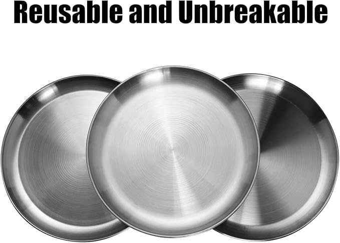 Stainless Steel Plates 10 inch Metal Lightweight Unbreakable Dinner Dishes Plates Set Non-Toxin Dishwasher Safe BPA Free and Healthy (4 Pcs)