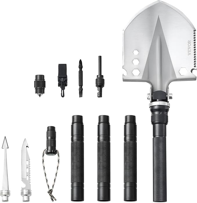 VEVOR Survival Shovel, 13 in 1 Camping Shovel Folding Multitool Kit, Portable and Compact, Stainless Steel, Multifunction for Off-Roading, Camping, Hiking, Outdoor, Survivalist and Emergency