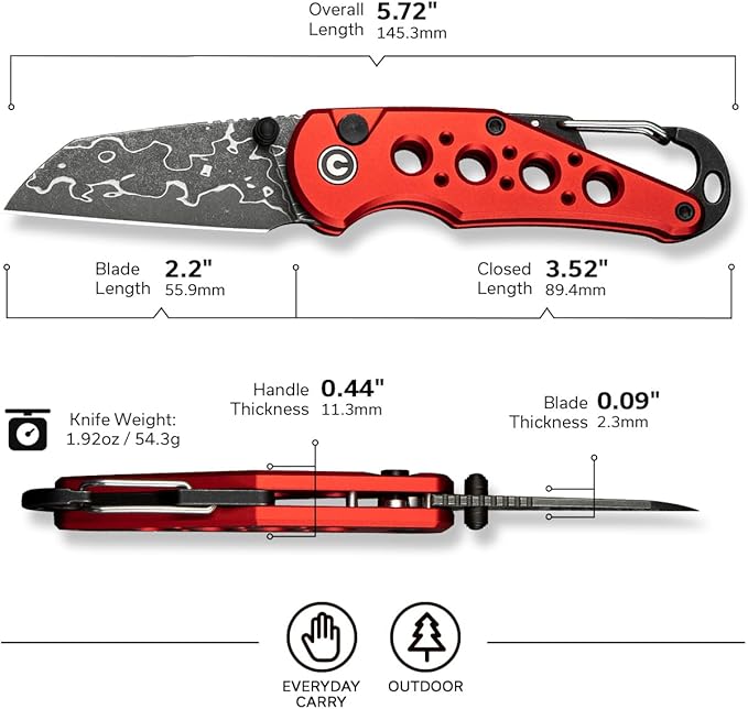 CIVIVI Pragma Folding Knife, Pocket Knife Multitool with EDC Carabiner, Bottle Opener, 2.2" Damascus Blade Aluminum Handle, Ideal Gift for Men Women C23062B-DS1 (Red)