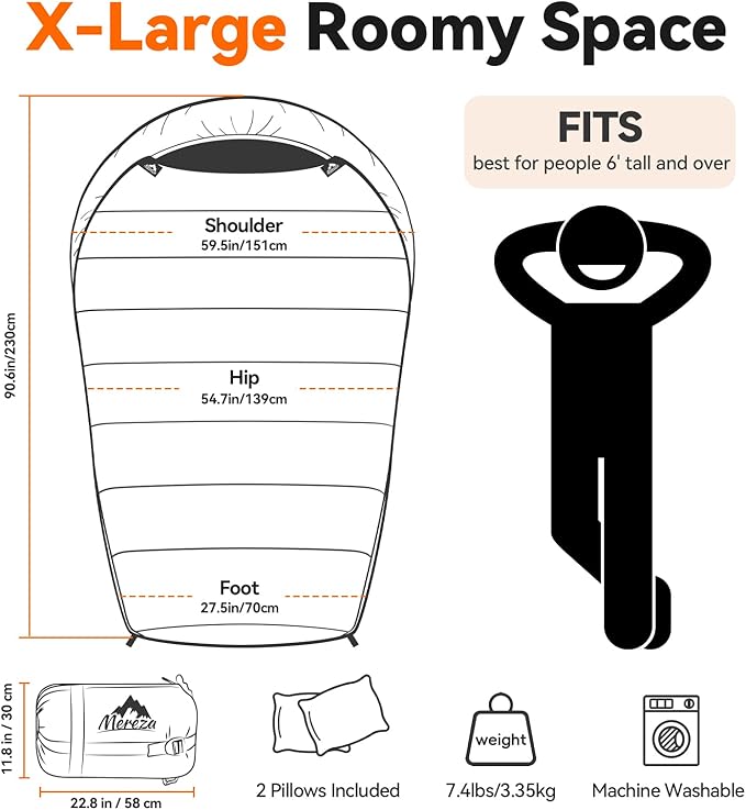 MEREZA Mummy Double Sleeping Bag for Adults with Pillow Cold Weather 0 Degree 2 Person Sleeping Bag Perfect for Couples Family Camping