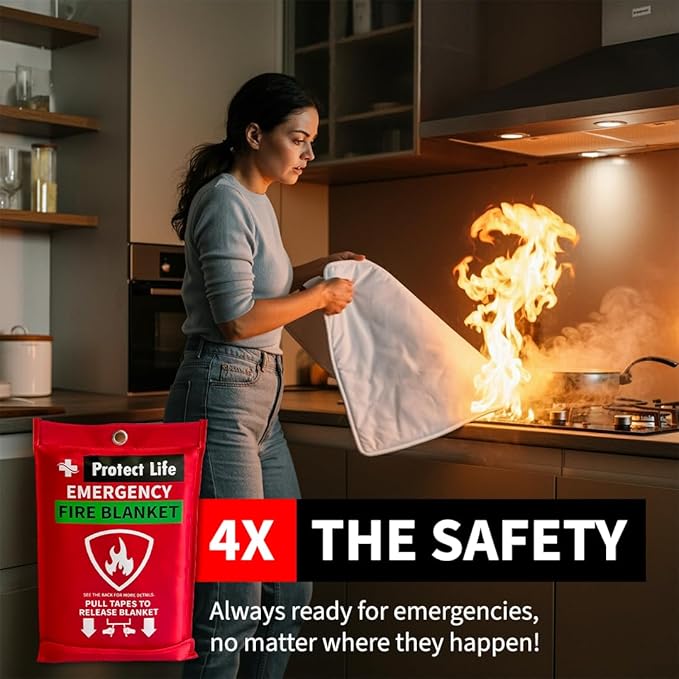 Protect Life Saving Emergency Fire Blankets 4 Pack - 40"x40", Fiberglass Fire Blanket for Home & Kitchen - Fire Suppression or Retardant Tarp - Fire Safety Kit for Car or Camping