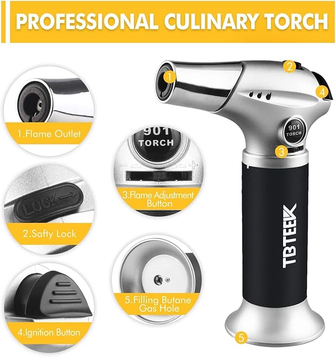 TBTeeK Butane Torch, Kitchen Torch Cooking Torch with Safety Lock & Adjustable Flame for Cooking, BBQ, Baking, Brulee, Creme, DIY Soldering, 2Pack (Butane Not Included)