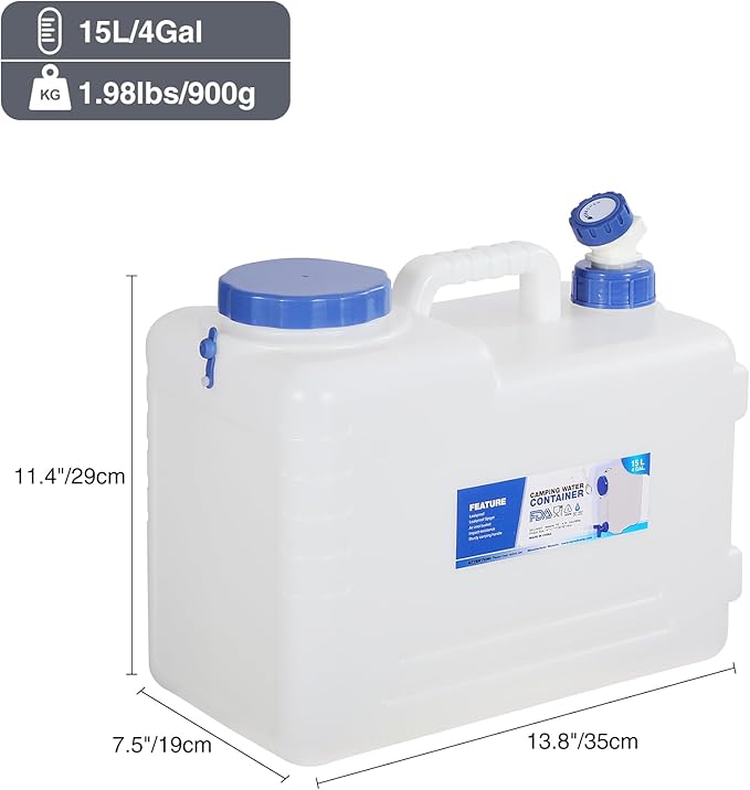 REDCAMP 3.9 Gallon/15L Portable Water Container with Spigot,Camping Water Jug,Camping Water Container, Large Water Tank,Portable Emergency Water Storage for Camping,Hiking,Hurricane Supplies, 2 Pack