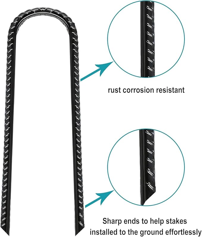 Eurmax USA U-Shaped-Rebar-Stakes-12-Inch, Ground Stakes Heavy Duty Trampoline Stakes Rebar Galvanized for Camping Tent Trampoline Accessories Dog Fence,Pack of 4(Black)