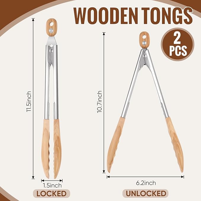 Baderke 2 Pcs Olive Wooden Kitchen Tongs for Cooking Wooden Utensil Set Salad Tongs with Wood Tips for Serving Salad Flipping Burgers Grilling and Much More, Set of 2, 11.4 Inch