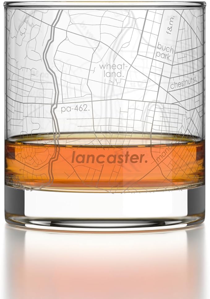 Well Told Engraved Lancaster Pennsylvania Map Rocks Glass, Old Fashioned Glassware (11 oz, Clear) Etched Bourbon Tumbler, Gifts For Whiskey Lovers