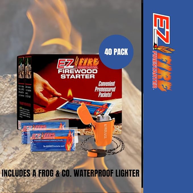 Easy-to-Use Fire Starter for Wood Stoves, Fireplaces, Campfires, and Bonfire – Waterproof, Windproof, Safe, Odorless & Survival Frog Tough Tesla Lighter. 40 Pack + Rechargeable Lighter Kit