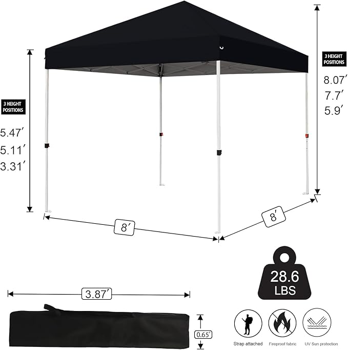 Northroad 8X8 FT Pop Up Canopy, Outdoor Instant Canopy Tent Slant Legs with Carrying Bag, Portable Gazebo Shelter for Wedding Party,Commercial Event,Patio,Garden,Beach -Black
