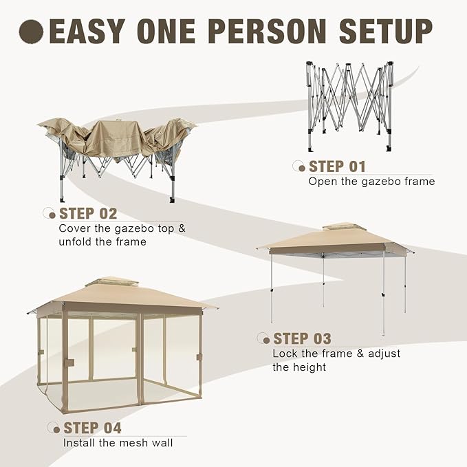 Pop Up Gazebo 11x11 - Outdoor Canopy Tent with Mosquito Netting & Wheeled Carry Bag, Double Roof Gazebos for Backyard Party Garden Wedding Camping (Beige, 11x11)