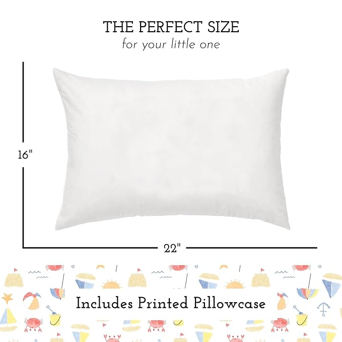 Little Sleepy Head Youth Pillow with Pillowcase 16x22, Soft Jumbo Toddler Pillows, Hypoallergenic Pillow Case - Best Kids Pillows for Sleeping, Perfect Kids Travel Pillows (Beach Days)