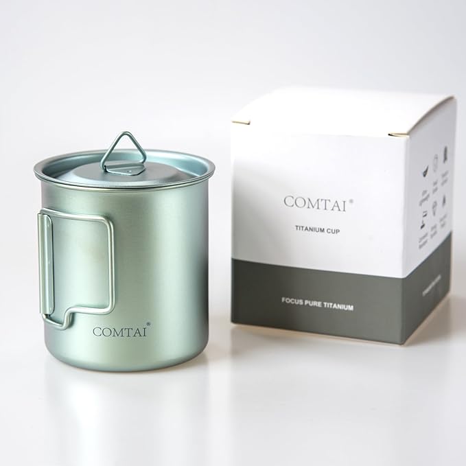 Titanium Camping Pot Mug 15oz (420ml) with Lid and Foldable Handle – Ultralight Camping Cup for Hiking, Backpacking, Outdoor Cooking, Cyan