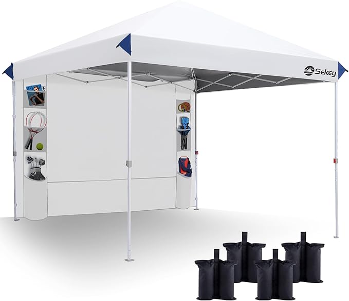 Sekey 10x10 Pop Up Canopy with Pockets Sidewall, One Push Setup Instant Outdoor Gazebo, Instant Easy Up Canopy with UPF50+ Top, 4 Weight Bags for Events, Beach, Patio, Camping