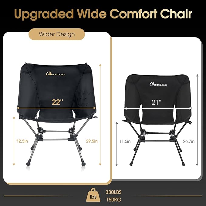 MOON LENCE Camping Chair Plus, Upgraded Comfort & Size, Still Compact and Lightweight, Folding Portable Chair for Backpacking & Hiking, 330Lbs Capacity, Gen 3 Plus (Onyx (Plus))