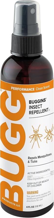 BUGGINS IV Performance - Insect Repellent - Mosquitoes, Gnats, Ticks, and Biting Flies, 25% DEET, Powdery Scent - 4 oz Pump Spray Bottle