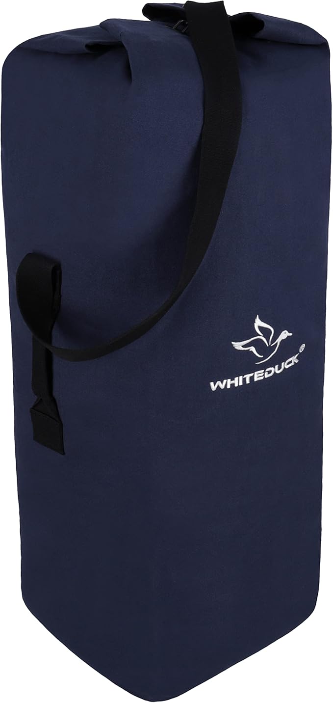 WHITEDUCK Top Load Canvas Folding Duffel Bag, Water Resistant Army Style Shoulder Bag for Men and Women- Gym, Sports, Travel, Hiking, Camping, Backpacking (Large 25" x 42",Blue)