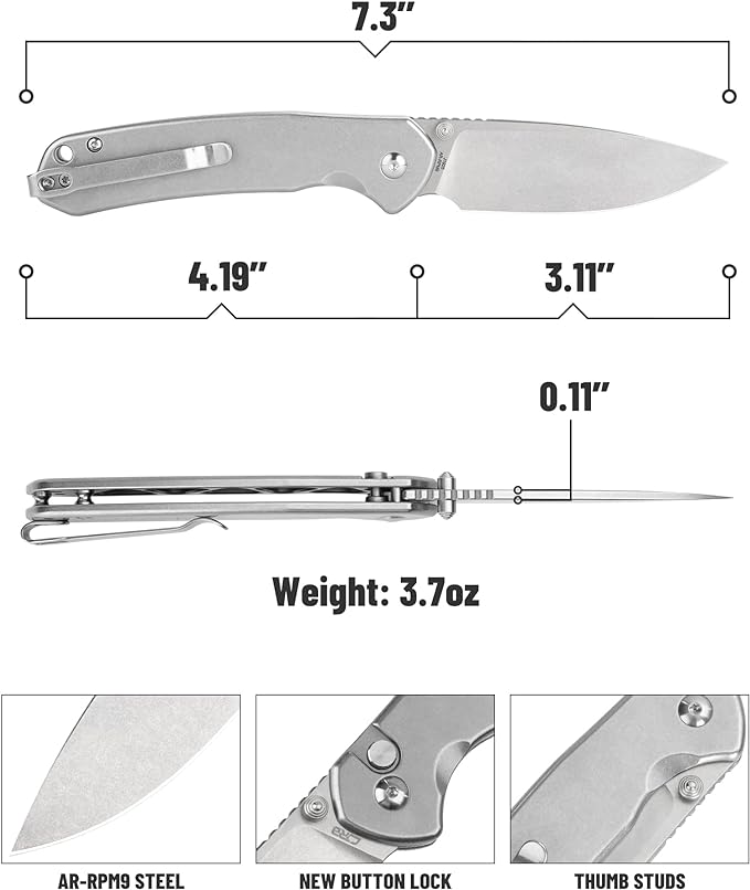 CJRB Folding Knife Pyrite (J1925) AR-RPM9 Balde and Stainless Steel Handle Button Lock EDC Pocket Knife with Clip Silver