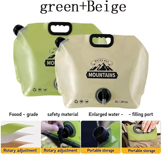 Collapsible 8L Water Storage Bag, BPA-Free Portable Folding Water Jug with Adjustable Faucet, Leakproof Emergency Water Bag for Camping, Hiking, Riding, Outdoor Sport 1green+1Beige