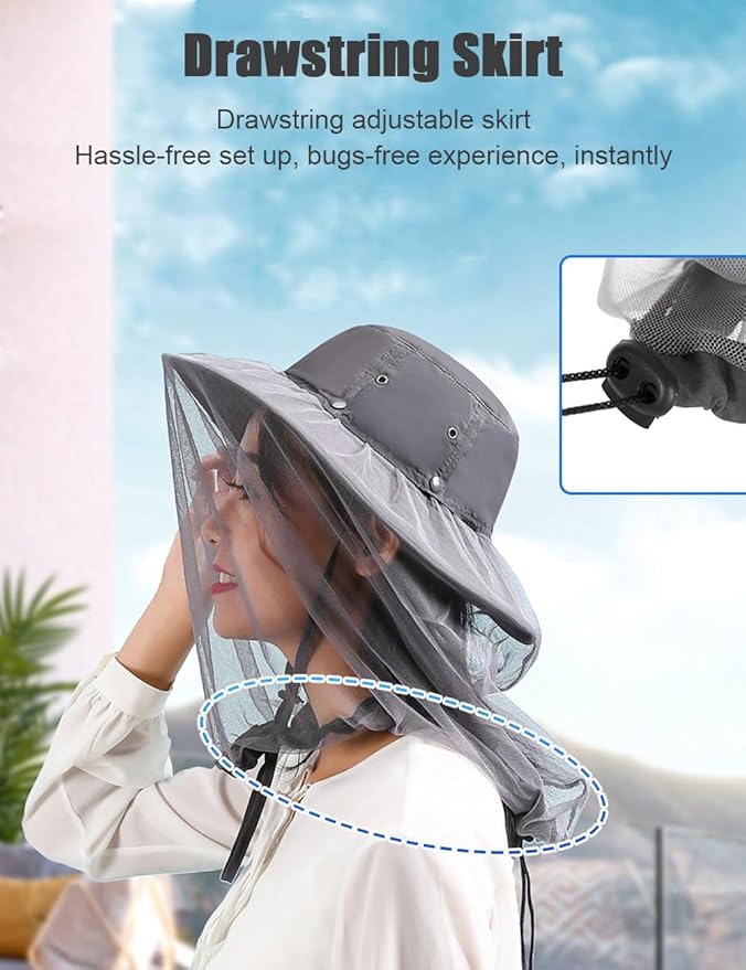 Mosquito Sun Hat with Net, Concealable Mesh, Drawstring Adjustable Skirt and Wind Cord, for Fishing Beekeeping Gardening