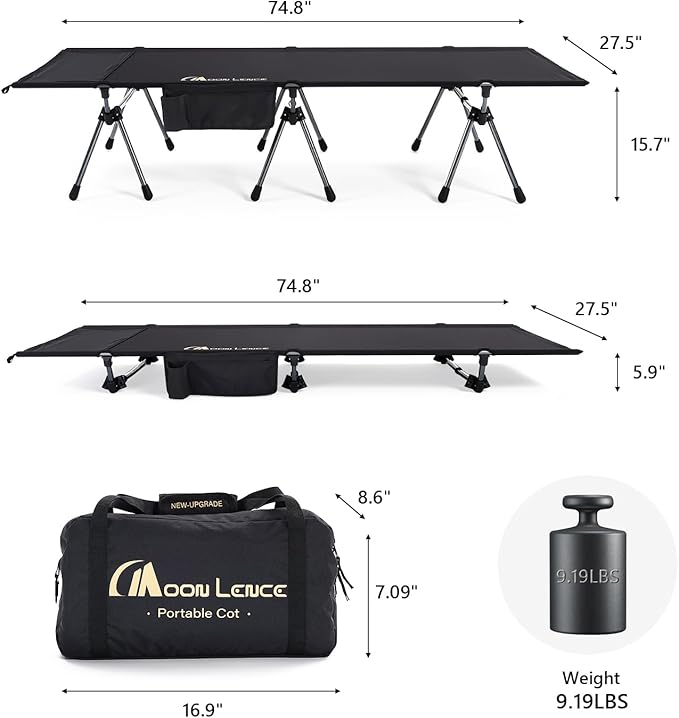 MOON LENCE Height Adjustable Camping Cot - Supports 330 lbs, Portable Folding Bed with Leg Extenders for Camping, Hiking, Sleeping, 1 Pack, Black