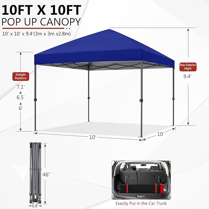 ABCCANOPY Pop Up Canopy - 10x10 Outdoor Patio Portable Canopy Tent with 4 Weight Bags (Dark Blue)