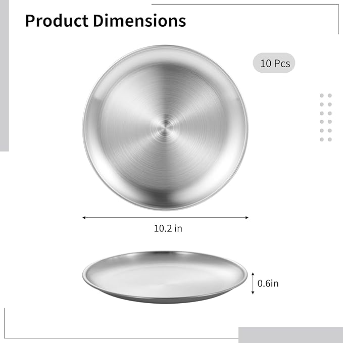 OMISTAR 10 Pcs Stainless Steel Dinner Plates, Reusable Brushed Metal Plates, 10 inch Round Dinner Dishes, Serving Plates for Main Dishes, Unbreakable Kitchenware, Dishwasher Safe