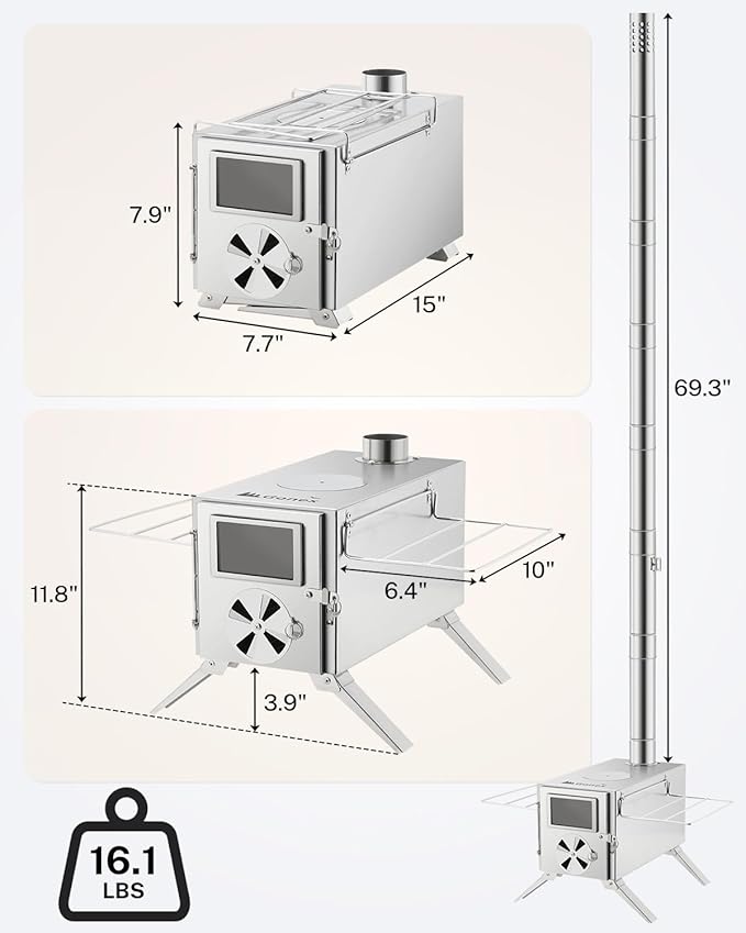 Gonex Portable Wood Stove Stainless Steel Wood Burning Hot Tent Camping Stove with Chimney Pipes & Gloves for Outdoor, Tent, Shelter, Heating, Cooking (15"X7.7")