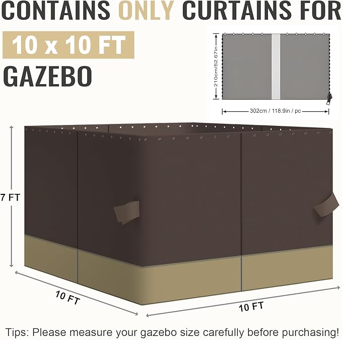 COWVIE 4-Panel 10' x 10' Gazebo Replacement Curtains, Patio Privacy Sidewalls with Double Zipper, Replacement for Outdoor Gazebo Canopy (Curtain Only)
