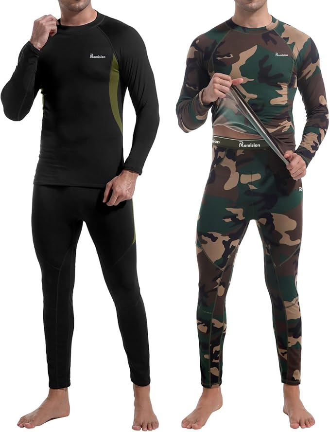 romision 2 Pack Thermal Underwear for Men Long Johns Fleece Lined Hunting Gear Bottom Top Set Base Layer Cold Weather XS-4XL