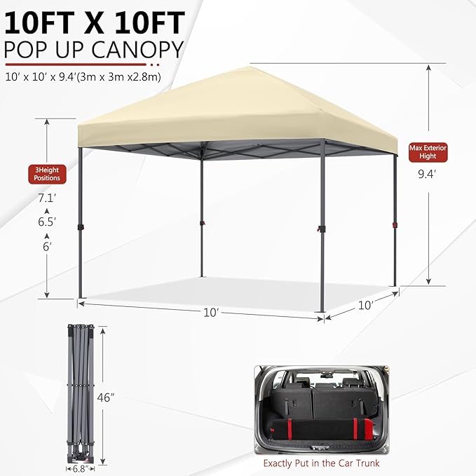 ABCCANOPY Pop Up Canopy - 10x10 Outdoor Patio Portable Canopy Tent with 4 Weight Bags (Cream)