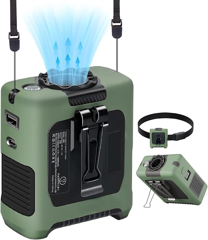 Portable Fans Strong Airflow Personal Waist Fan with Max 40H Runtime Hands Free Neck Fans Wearable Belt Fan for Outdoor Jobsite Camping and Traveling 5 Speeds USB-C Rechargeable 10000mAh (Green)