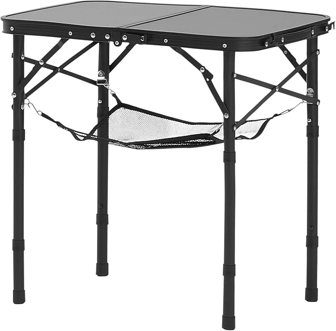 VEVOR Folding Camping Table, Adjustable Height Portable Side Tables, Aluminum MDF Beach Table with Mesh Layer, Carrying Handle, Lightweight Compact for Outdoor Picnic BBQ Cooking (24inch-Black)