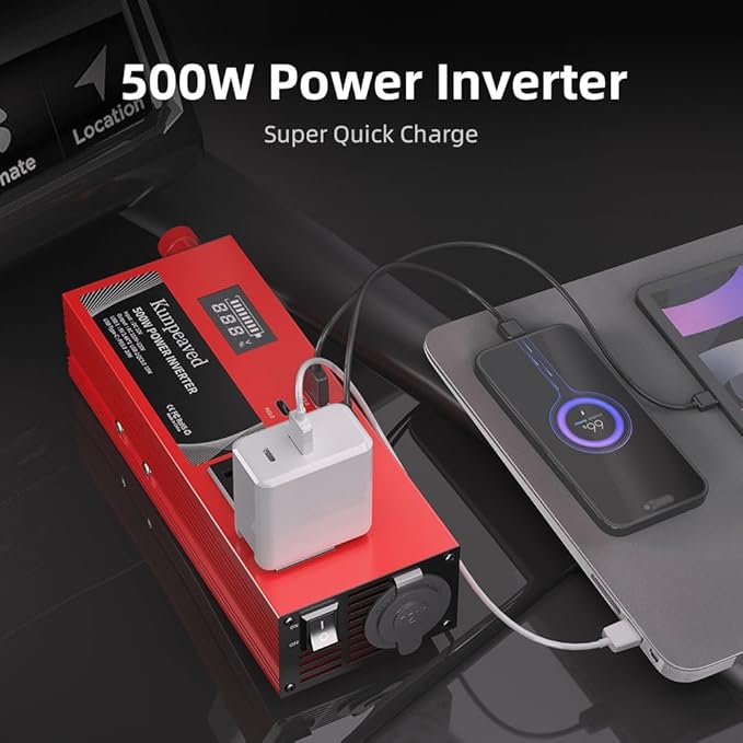 500W Power Inverter DC 12V to 110V Car Charger Converter with Dual USB Ports and 2 AC Outlets for Air Compressor Laptops, Road Trip Accessories (Red)