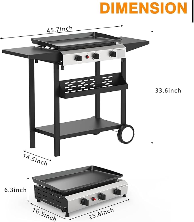 3 Burner BBQ Gas Griddle, 25.6 Inch Stainless Steel Portable Detachable Propane Griddle, 30,000 BTU Flat Top Barbecue Grill with Side Shelves for Camping