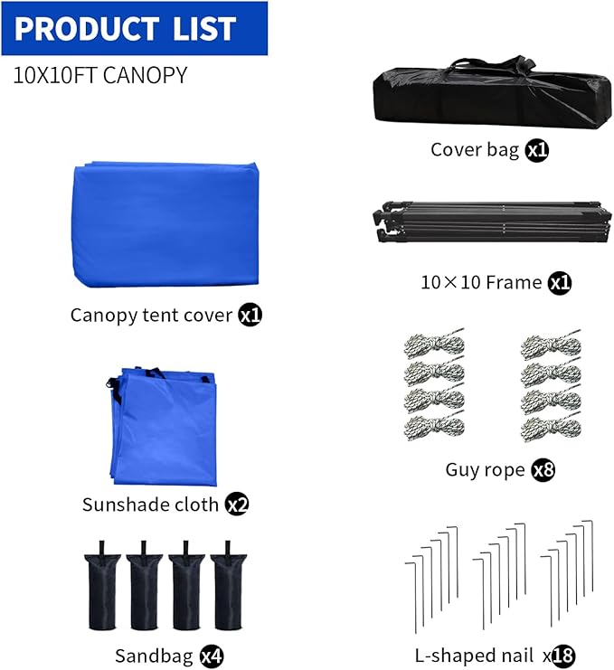 10x10 Pop Up Canopy Tent with 2 Sidewalls, Easy Up Canopy Outdoor Party Sun Shade Tent Portable Gazebo for Beach Camping Events with Carry Bag and 4 Sand Bags(Blue)