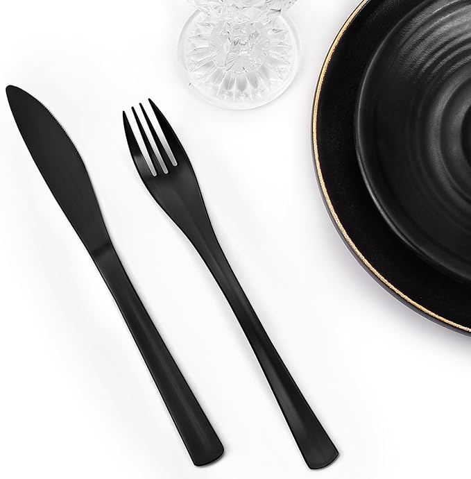 Bysta 24 Piece Black Silverware Set, Knife Fork Spoon Set, Stainless Steel Flatware Cutlery Set, Kitchen Utensil Set Service for 8, Tableware Set for Home and Restaurant, Dishwasher Safe, Satin Finish