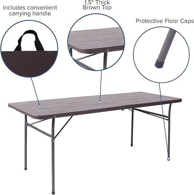 Flash Furniture Elijah 6-Foot Bi-Fold Brown Wood Grain Plastic Folding Table with Carrying Handle