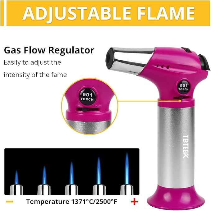 TBTEEK Butane Torch T901, Kitchen Torch Cooking Torch with Safety Lock & Adjustable Flame for Cooking, BBQ, Baking, Brulee, Creme, DIY Soldering(Butane Not Included), Rose