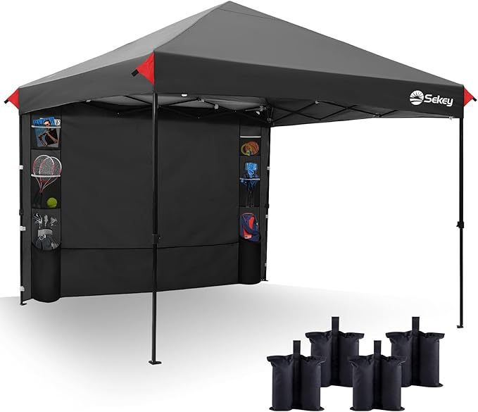 Sekey 10x10 Pop Up Canopy with Pockets Sidewall, One Push Setup Instant Outdoor Gazebo, Instant Easy Up Canopy with UPF50+ Top, 4 Weight Bags for Events, Beach, Patio, Camping