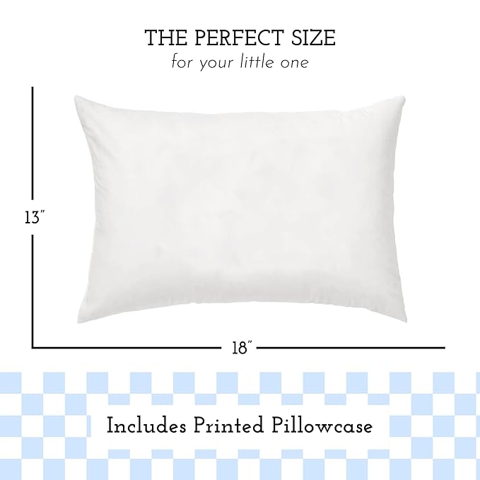 Little Sleepy Head Toddler Pillow with Pillowcase 13x18 - Kids Pillow for Sleeping - Better Neck Support Ergonomic Pillow and Toddler Pillowcase - Best Pillows for Kids (Checkers Baby Blue)